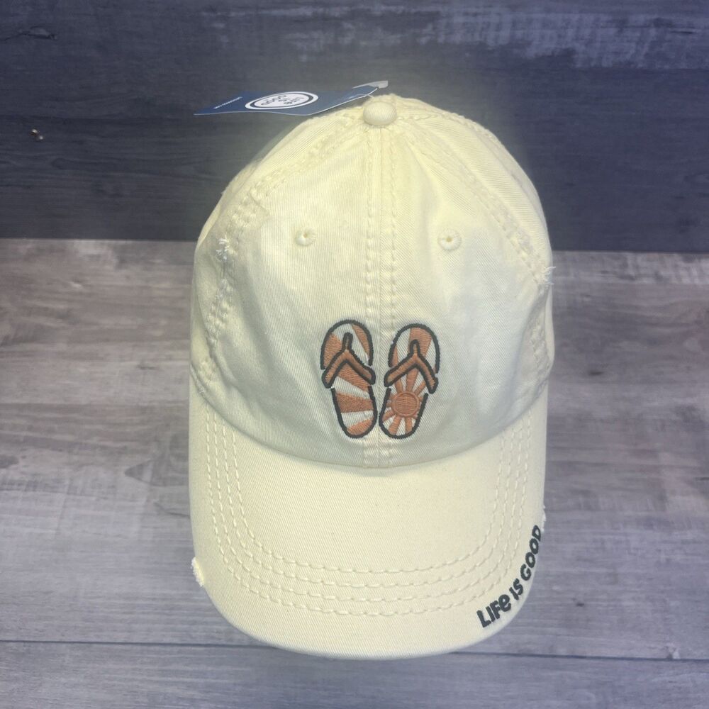 Life Is Good Yellow Embroidered Beach Sandals Flip Flops Sun Hat Sunwash Chill